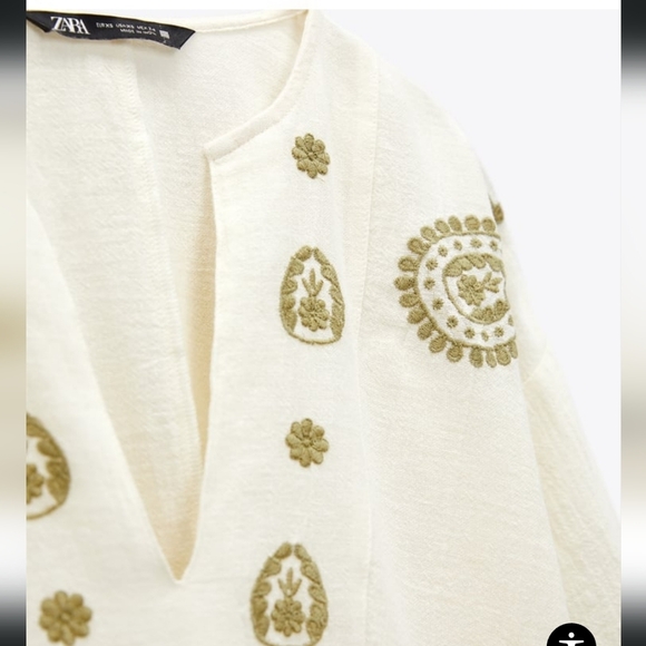 Zara Cream and Green Embroidered  Paisley Floral Peplum Top - Picture 5 of 10